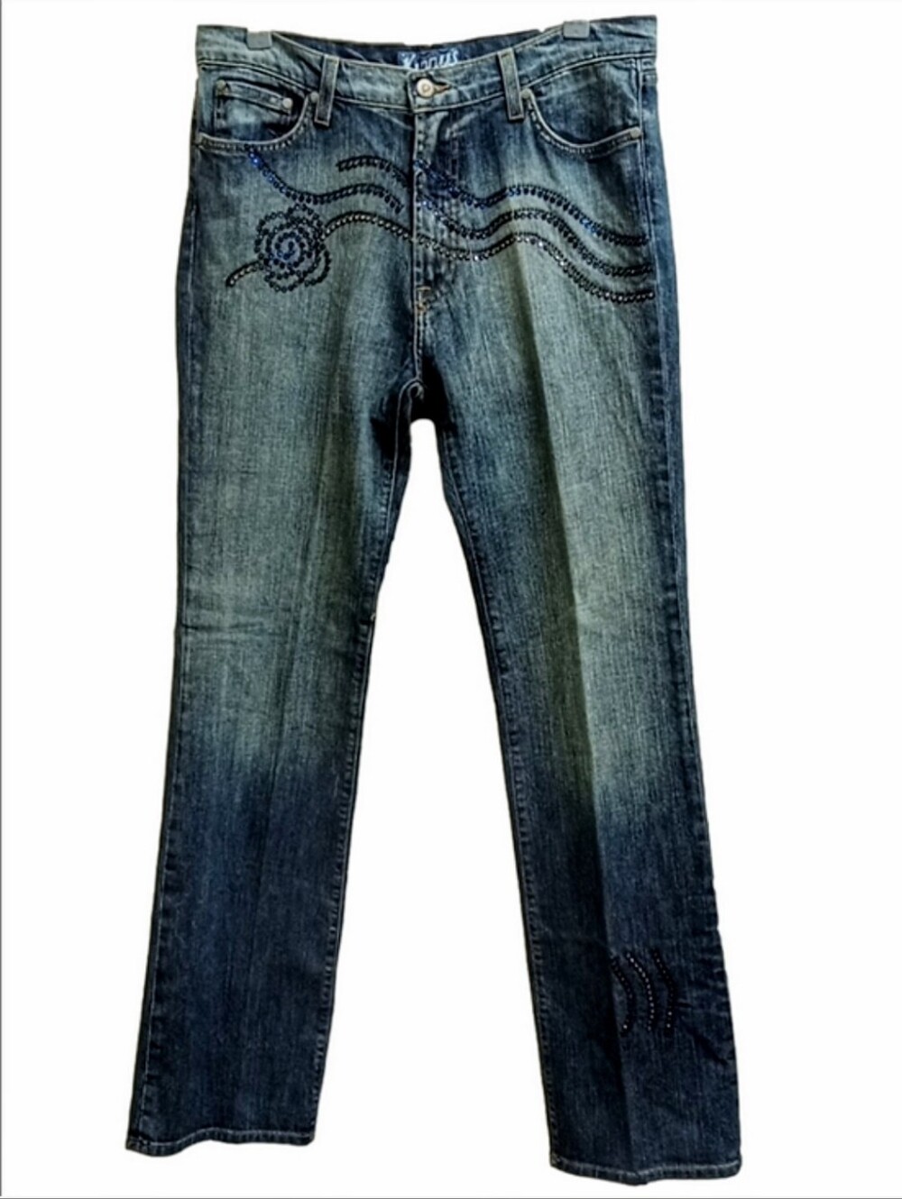 🩵✨KIPPYS SWAROVSKI CRYSTALS ROSE EMBELLISHED WIDE LEG BOOT CUT WOMEN'S JEANS✨